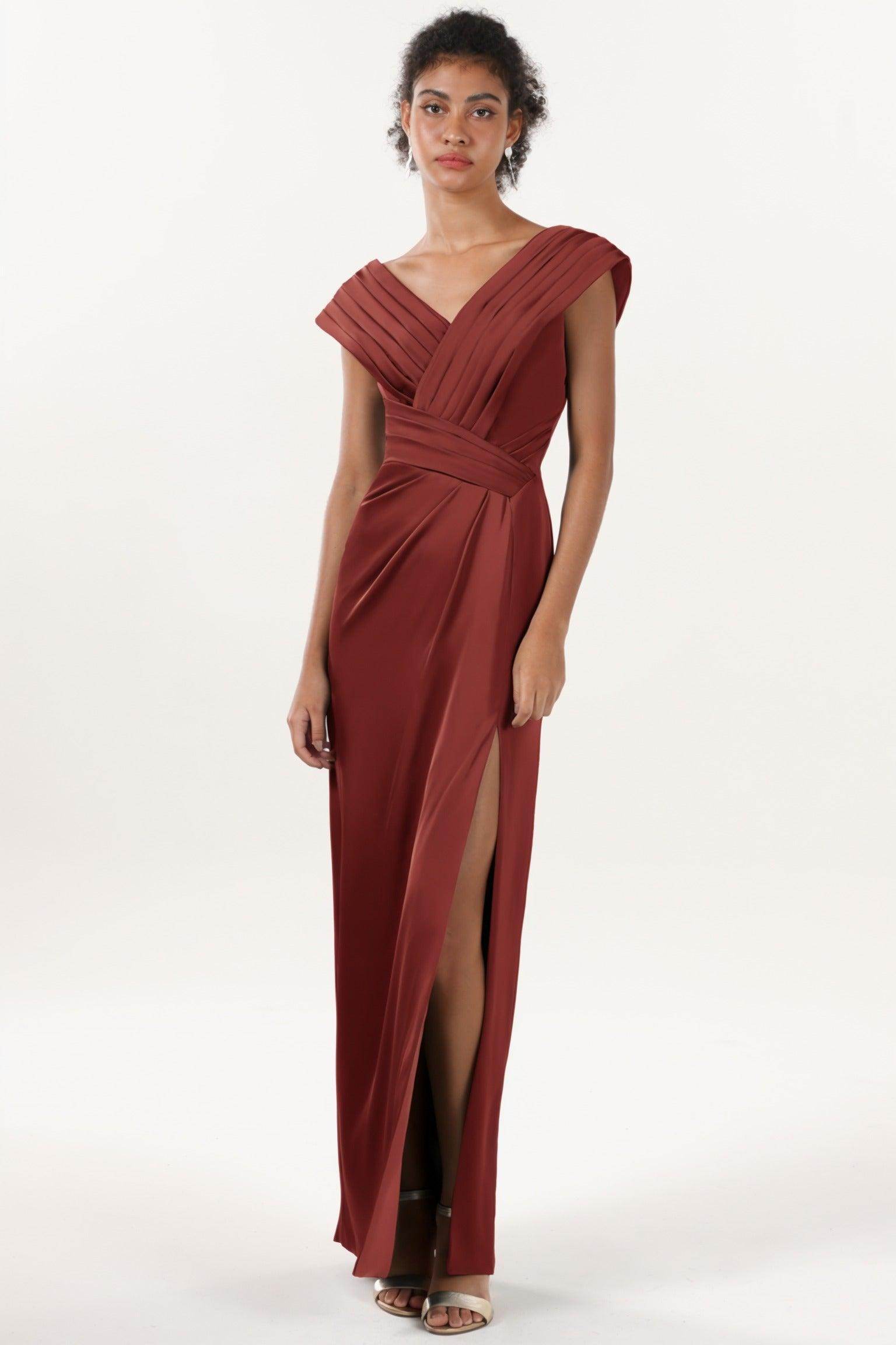 Sheath-Column Maxi Luxe Satin Bridesmaid Dress CS0608BM - COCOMELODY